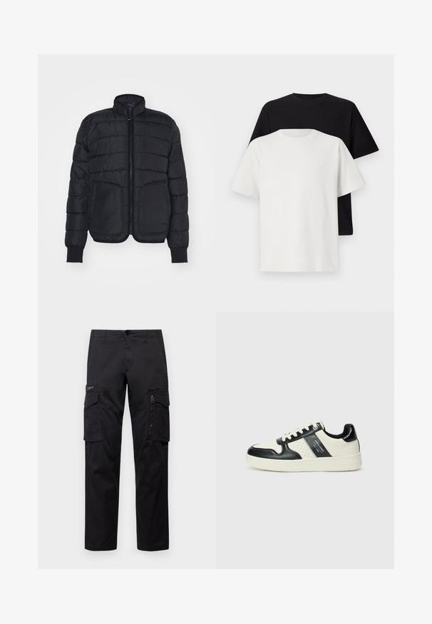 Giacca nera trapuntata con cerniera frontale, colletto alto, maniche lunghe, polsini a coste e due grandi tasche con bottone a pressione.; Set di t-shirt in cotone composto da una maglietta nera e una bianca, entrambe con maniche corte, scollatura rotonda e vestibilità standard. Tessuto testurizzato.; Pantaloni cargo neri con multiple tasche, tasca con zip sulla coscia, vestibilità dritta e in resistente cotone con un leggero lucido.; Sneakers in pelle con una combinazione di colori nero e crema, dotati di dettagli perforati, collare imbottito e suola testurizzata.