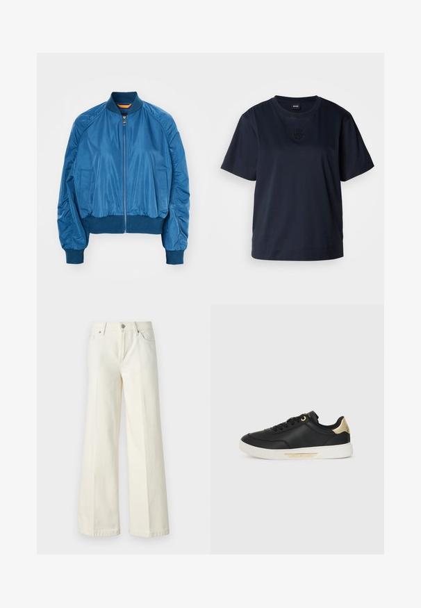 Chaqueta bomber azul fabricada en nylon suave con cremallera frontal, puños y dobladillo acanalados, que presenta detalles fruncidos en las mangas.; Camiseta de manga corta azul marino hecha de algodón suave. Presenta un cuello redondeado y un sutil logo bordado en el pecho.; Jeans blancos de pierna ancha hechos de una mezcla de algodón. Cuentan con una cremallera en la bragueta, diseño de cinco bolsillos y costuras a lo largo de las costuras.; Zapatillas de cuero negro con textura suave, suela de goma blanca, detalles dorados en el talón y los ojetes, con un logo en el lateral.