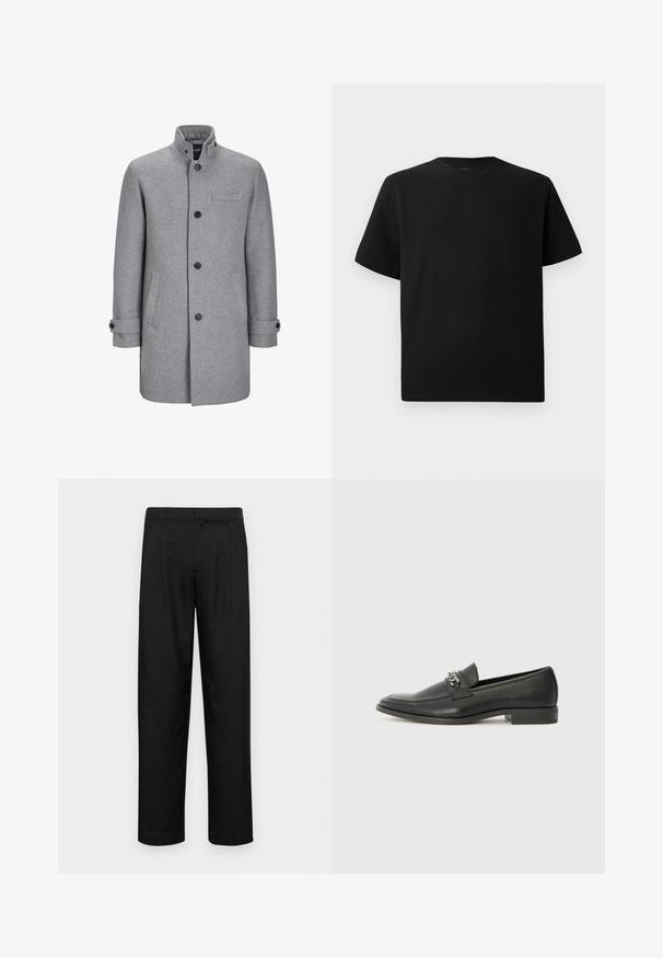 Grå ullkåpe med høy krage, frontlukking med knapper, én brystlomme og to sidelommer. Har rullede mansjetter og en teksturert finish.; Svart T-skjorte med korte ermer laget av teksturert stoff, med rund halslinning og en avslappet passform. Enkel, uten mønstre eller detaljer.; Sorte bukser laget av glatt stoff, med rette ben, to frontfoldninger og standard liv med beltehemper.; Sorte skinnloafers med en glatt finish, og med en sydd design og en dekorativ metallkjedeakcent over foten. Flat hæl.