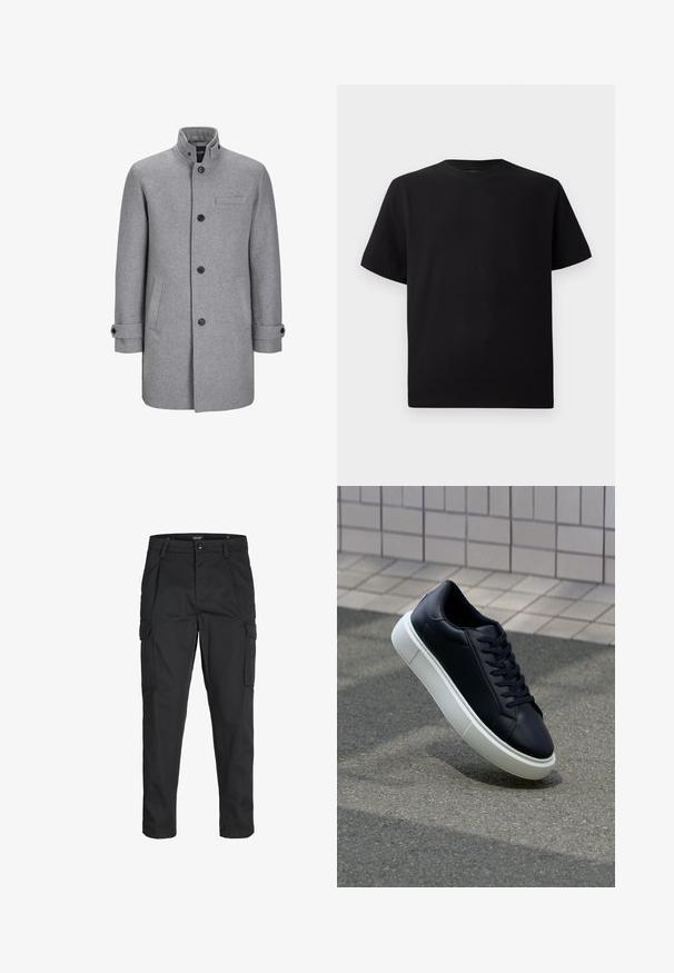 Pelēks vilnas mētelis ar augstu apkakli, priekšējās pogu aizdares, vienu krūšu kabatu un divām sānu kabatām. Iezīmes - sarullēti piedurknes un teksturēta apdare.; Melnās īsām piedurknēm T-krekls no teksturēta auduma, ar apaļu kakla izgriezumu un brīvu piegriezumu. Vienkāršs, bez rakstiem vai akcentiem.; Melnas kravas bikses, izgatavotas no izturīga auduma, ar vairākiem kabatām, pogu aizdari un šaura piegriezuma dizainu ar sašaurinātiem kāju apakšiem.; Melnas ādas kedas ar noapaļotu pirkstu un baltu gumijas zoli. Iespējas - plakanas šņorītes un minimāla apdare augšdaļā. Struktūrēta zole, lai nodrošinātu saķeri.