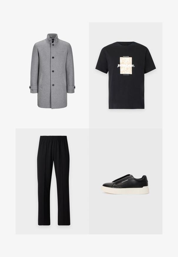 Pilkas vilnonis paltas su aukštu apykakle, priekyje su mygtukų uždarymu, viena krūtinės kišenė ir dvi šoninės kišenės. Turi suktas rankoves ir tekstūruotą paviršių.; Juodas medvilninis marškinėliai su apvaliu kaklu. Ant priekinės pusės yra smėlio spalvos stačiakampis grafikas ir baltas tekstas "JAWO", centrinėje dalyje. Trumpi rankoviai.; Juodos, elastingos juosmens kelnės su tiesiomis kojomis, turinčios lygų paviršių ir be matomų raštų ar detalių.; Juodi slip-on sportbačiai su tekstūruota odos viršutine dalimi, balta gumine padai ir be matomų raištelių. Šone yra prekės ženklo logotipas.