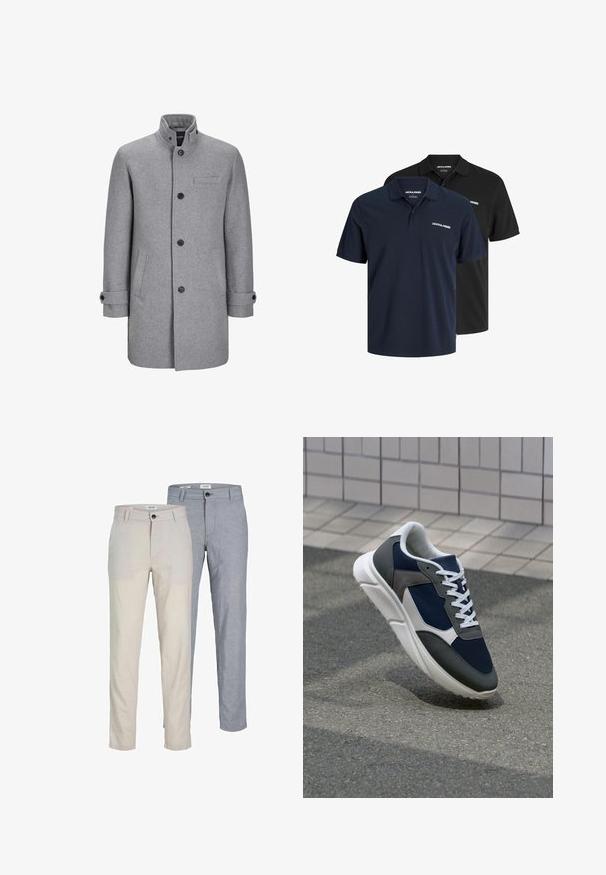 Siv plašč iz volne z visokim ovratnikom, sprednjim gumbom, enim žepom na prsih in dvema stranskima žepoma. Ima zvite manšete in teksturiran videz.; Dve polo majice: ena mornarsko modra z belo oznako in ena črna. Obe imata klasičen ovratnik in kratke rokave, izdelani so iz lahkega materiala.; Svijetložuti i svijetloplavi hlače, izrađene od tkanine, s glatkom teksturom, ravnog kroja, s petljama za remen i dugmetom za zatvaranje.; Superge z zgornjim delom iz mrežaste tkanine v mornarsko modri barvi, sivi usnjeni poudarki, belo gumijasto podplato in ravnimi belimi vezalkami, zasnovane za udobje in zračnost.