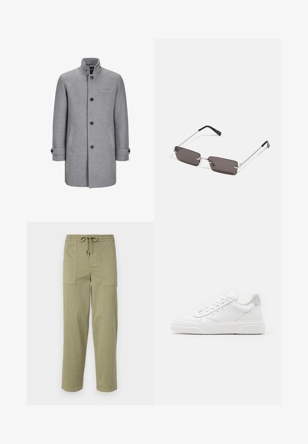 Szürke gyapjú kabát, magas gallérral, elöl gombos záródással, egy mellzsebével és két oldalzsebével. Jellemzője a feltekert ujjak és a texturált felület.; Fehér pamut póló, rövid ujjakkal, kerek nyakkal, elöl piros grafikus felirattal: "ÍZLETES FRESKÉLŐ GYÜMÖLCS".; Világos olíva zöld színű, pamut keverékből készült nadrág, rugalmas derékrésszel és zsinórral, valamint két nagy oldalzsebbel.; Fehér bőr sportcipő sima felülettel, kerek orral, lapos fűzőkkel és textúrált talppal. Szürke velúr díszítés a saroknál.; Napszemüveg téglalap alakú, sötétszürke lencsékkel, ezüstszínű fémkerettel és fekete műanyag végű szárakkal. Könnyű kivitel, orrpárnákkal.