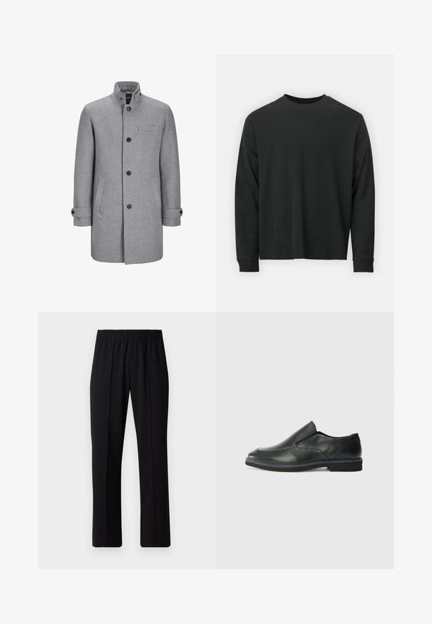 Pelēks vilnas mētelis ar augstu apkakli, priekšējās pogu aizdares, vienu krūšu kabatu un divām sānu kabatām. Iezīmes - sarullēti piedurknes un teksturēta apdare.; Garās piedurknes melna T-kreklā, izgatavota no kokvilnas, ar apaļu kakla izgriezumu, brīvu piegriezumu un ribotām piedurknēm. Gluda tekstūra bez redzamām rakstainēm.; Melni elastīgi bikses ar taisnas kājas dizainu, ar gludu tekstūru un bez redzamām zīmēm vai detaļām.; Melnas ādas slip-on kurpes ar gludu augšdaļu, izšūtām akcentiem, noapaļotu purngala daļu un zemu gumijas papēdi. Zole ar minimālu rakstu.