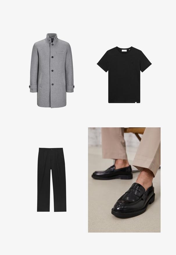 Sivi vuneni kaput s visokim okovratnikom, prednjim kopčanjem na dugmad, jednom džepom na prsima i dva bočna džepa. Ima prevrnute manžete i teksturiranu površinu.; Crna kratka majica s kratkim rukavima od pamuka, s okruglim izrezom i malim logotipom izvezenim na prsima. Glatka tekstura, standardni kroj.; Crne hlače ravnog kroja, izrađene od glatkog materijala. Imaju prednje nabore i jedan dugme na struku.; Crne kožne mokasine s glatkom obradom, koje imaju dekorativnu traku i kontrastnu šav, u kombinaciji s bež hlačama.