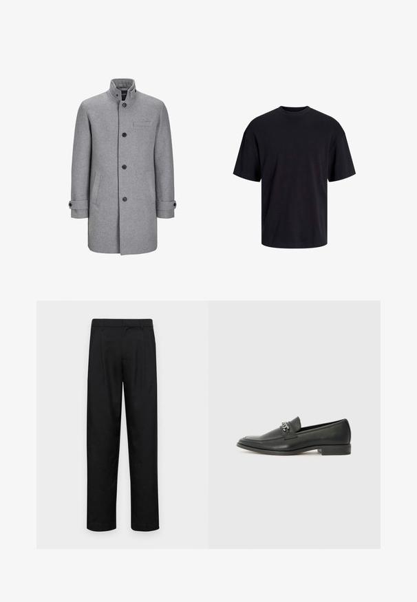Szürke gyapjú kabát, magas gallérral, elöl gombos záródással, egy mellzsebével és két oldalzsebével. Jellemzője a feltekert ujjak és a texturált felület.; Fekete pamut póló, kerek nyakkivágással, rövid ujjú és laza fazonú. Simább anyagú, látható minták vagy díszítések nélkül.; Fekete nadrág sima anyagból, egyenes szárú fazonnal, két elülső redővel és közönséges derékkal, övhurkokkal.; Fekete bőr loaferek sima felülettel, varrott mintával és díszítő fém lánccal a cipő elején. Lapos sarok.