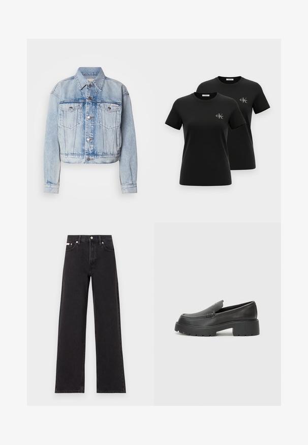 Svetlo modra jeans jakna s skrajšanim dizajnom, dvema prsoma, srebrnimi gumbi in koničastim ovratnikom; ima zbledel videz po vsej površini.; Dve črni majici s kratkimi rokavi in okroglim izrezom, vsaka z majhnim sivim logotipom "CK Calvin Klein" na levi strani prsi, prikazani na belem ozadju.; Črne široke jeans hlače iz denima, s poudarjenim pasom, petimi žepi in kovinskim gumbom za zapiranje ter kontrastnim šivanjem.; Črne usnjene loafers čevlje z zaobljenim nosom, debelim teksturiranim podplatom in minimalnimi šivi. Elegantna zasnova brez vidnih vezalk ali kovinskih delov.