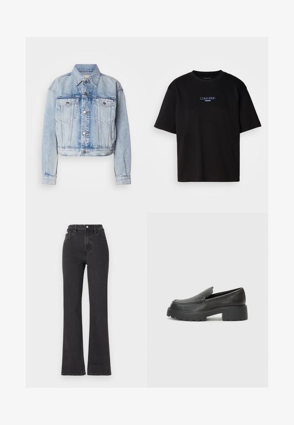 Svijetloplava traper jakna s krojenjem do struka, dva džepa na prsima, srebrnim gumbima i izrezanom kragnom; karakterizira izblijedjela tekstura kroz cijelu jaknu.; Crna pamučna majica s okruglim izrezom, kratkim rukavima i plavim izvezenim logom "Calvin Klein JEANS" na prednjoj strani.; Crne traperice s visokim strukom i proširenim dnom, izrađene od denima, s kopčanjem na dugme, petljama za remen i bočnim džepovima. Glatka tekstura s minimalnim izblijedjenjem.; Crne kožne loaferice s zaobljenim vrhom, debelim teksturiranim potplatom i minimalnim detaljima šivanja. Elegantna izrada bez vidljivih vezica ili metalnih elemenata.