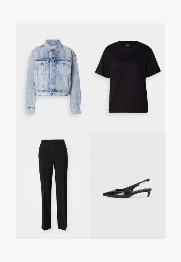 Svetlo modra jeans jakna s skrajšanim dizajnom, dvema prsoma, srebrnimi gumbi in koničastim ovratnikom; ima zbledel videz po vsej površini.; Črna bombažna majica s krožnim izrezom, kratkimi rokavi in izvezenim logotipom na prsih. Preprosta, sproščena silhueta brez vzorcev.; Črne krojene hlače s direktnim krojem, ki se ponašajo z gladko teksturo in ostrimi pregibi spredaj. Ni vidne kovine.; Črne usnjene sandale na peto z ostro konico, ki imajo tanko peto in zlat ton na nastavljivem traku. Gladka tekstura.