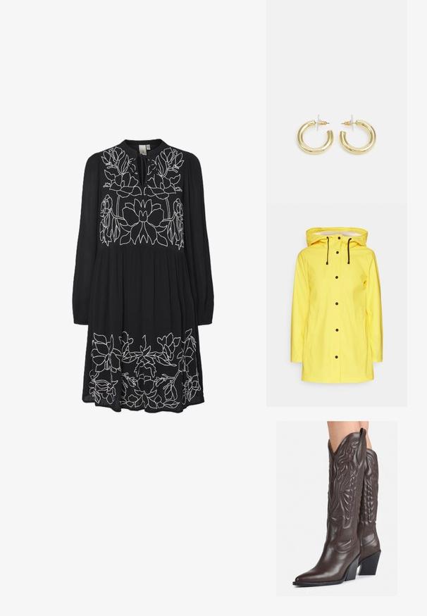 Kollane veekindel vihmamantel, millel on kapuuts, mustade detailide ja nööridega. Omab kahte esipoolset taskut ja nööbikinnitust.; Must mustre, millel on pikad varrukad ja millel on valge lilleline tikand rinnaosa ja äärte peal. Tekstureeritud kangas, lõdva istuvusega ja võtmeaugu kaelus.; Pruunid nahast cowboy saapad terava varbaga ja plokk-kandaga, millel on detailne tikand ja kergelt tõstetud aktsendid varrel.; Must värvi hobo kott, mis on valmistatud siledast nahataolisest materjalist, keeratud käepidemega, pehme ja ümar kuju ning ülemise tõmblukuga sulgur.; Kuldne rõngassõrmused sileda ja läikiva viimistlusega. Ringikujuline disain, millel on väike post ja selge tagumine külg, et tagada kindel kandmine.