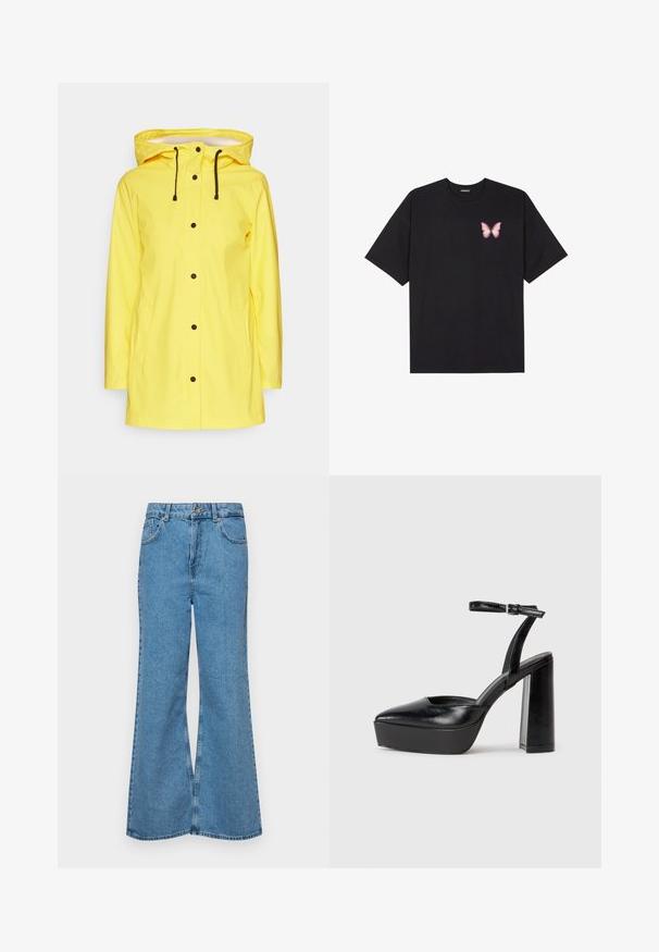 Kollane veekindel vihmamantel, millel on kapuuts, mustade detailide ja nööridega. Omab kahte esipoolset taskut ja nööbikinnitust.; Must muströöpidega must puuvillane T-särk, vasakul rinnal on väike roosa liblikas. Ümar kaelus ja vabalt istuv lõige.; Heledad sinine flared teksade rõivad, millel on kõrge talje, viis taskut ja üks nupulukk. Pehme tekstuur ja pleekinud viimistlus.; Mustad platvormi kontsad terava ninaga ja reguleeritava pahkluuraamiga. Valmistatud siledast nahast, funktsioneerib massiivse plokknäheeliga.