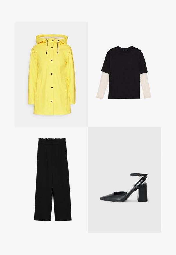 Yellow waterproof raincoat with a hood, accented by black hardware and drawstrings. Features two front pockets and a button closure.; Black T-shirt made of cotton, featuring short sleeves over a white long-sleeve layer with a subtle textured pattern. Crew neckline design.; Black wide-leg trousers with a ruffled waistband, featuring two side pockets and a smooth, lightweight fabric. No visible patterns or hardware.; Black leather pointy-toe pump with an ankle strap and a chunky heel. Flat texture, sleek design, and minimalistic aesthetics.