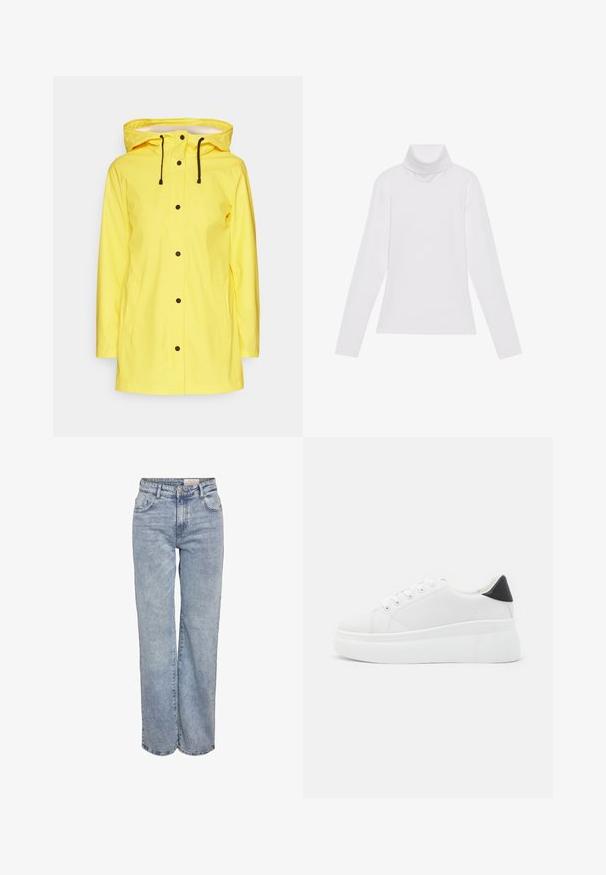 Gul vattentät regnjacka med huva, accentuerad med svarta detaljer och dragsko. Har två framfickor och knappstängning.; Vit långärmad polotröja gjord av ett smidigt, stretchigt material. Har en hög krage och åtsittande design, utan synliga mönster eller dekorationer.; Ljusblå vida jeans i denim med hög midja, femficksdesign och subtila blekningar för en använd look.; Vita plattformssneakers gjorda av slät syntetiskt material, med rund tå, snörningsdesign och en texturerad gummisula. Svart hälaccent.