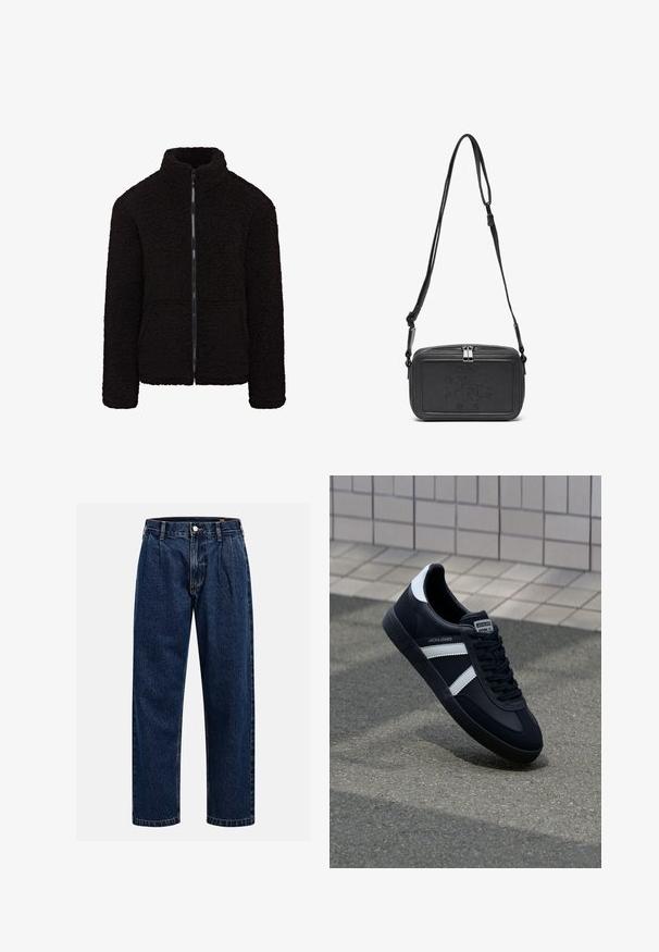 Czarna polarowa kurtka z wysokim kołnierzem, pełnym zamkiem błyskawicznym i fakturowanym materiałem. Posiada długie rękawy i luźny krój. Brak widocznych kieszeni.; Kremowa bawełniana koszulka z krótkim rękawem i okrągłym dekoltem. Posiada graficzny nadruk w niebieskim i czerwonym kolorze z tekstem oraz motywem.; Granatowe dżinsy o prostym kroju nogawki. Posiada widoczne szwy, zapięcie na guzik oraz fałdy z przodu dla dodatkowego detalu.; Czarne skórzane sneakersy z białymi paskami, teksturowana gumowa podeszwa i sznurowane z przodu. Posiadają metkę marki na języku.; Czarna skórzana torba na ramię z zamkiem błyskawicznym, wytłoczone logo na przodzie i regulowanym paskiem. Gładka tekstura w prostokątnym kształcie.
