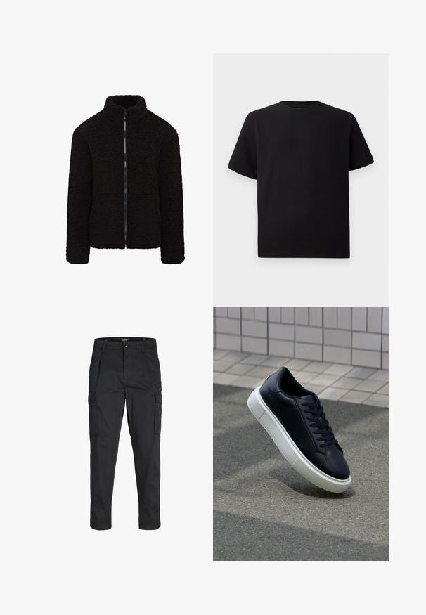 Černá fleecová bunda s vysokým límcem, plným předním zipem a strukturovanou tkaninou. Má dlouhé rukávy a uvolněný střih. Žádné viditelné kapsy.; Černé tričko s krátkým rukávem vyrobené z texturované látky, s kulatým výstřihem a volným střihem. Jednoduché, bez vzorů nebo akcentů.; Černé cargo kalhoty vyrobené z odolné tkaniny, s mnoha kapsami, knoflíkovým zapínáním a slim fit střihem se zúženými nohavicemi.; Černé kožené tenisky s kulatou špičkou a bílou gumovou podrážkou. mají ploché tkaničky a minimální šití na svršku. Texturovaná podrážka pro lepší přilnavost.