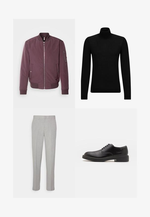 Maroon bomber jacket featuring a zip front, ribbed collar, side pockets, and a zippered arm pocket. Smooth fabric with minimal texture.; Black turtleneck sweater made of soft material, featuring long sleeves and a snug fit. Ribbed trim at the hem and cuffs. Simple design.; Light gray trousers with a smooth texture, flat front, and straight legs. Made of breathable fabric, featuring internal pockets and belt loops.; Black leather lace-up shoe with a rounded toe, smooth texture, minimal stitching, and a low rubber heel. Logo on the heel.