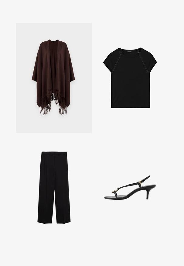 Hnědá ponča s třásněmi vyrobená z měkké látky, s volným designem, otevřenými stranami a kulatým výstřihem.; Černý top s krátkým rukávem, který má kulatý výstřih a kontrastní bílý šev na ramenech a po stranách. Měkká a hladká tkanina.; Černé široké kalhoty s hladkým materiálem, s plisováním v přední části a bočními kapsami, navržené s rovný, uvolněný střih.; Černé kožené sandály na kotníkovém podpatku s tenkými pásky, zlatou sponou a minimalistickým provlečením na prstech na bílém pozadí.