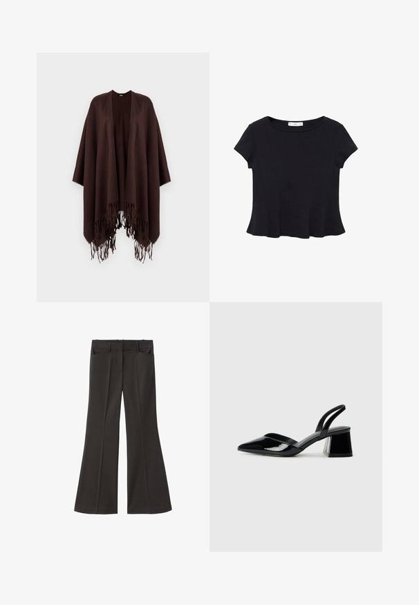 Poncho franjurat maro, realizat dintr-un material moale, cu un design drapat, laterale deschise și un gât rotund.; Top scurt din material moale, de culoare neagră, cu decolteu rotund și tiv evazat, având detalii discrete de cusătură.; Pantaloni evazați negri, cu talie înaltă; au două buzunare frontale și o textură de stofă netedă. Potriviți pentru diverse ocazii.; Pantofi cu toc slingback din piele lacuită neagră, cu vârf ascuțit și toc geometric. Prezintă un design elegant, minimalist și o textură netedă.