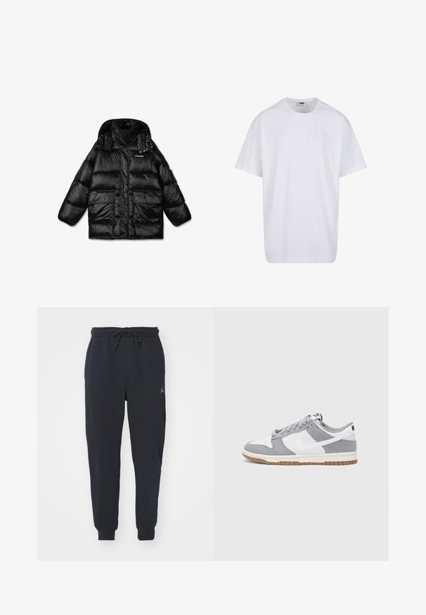 Fekete puffdzseki magas gallérral, cipzárral záródik, és két nagy elülső zsebbel rendelkezik. Fényes, steppelt anyag, sima tapintással.; Fehér pamut póló rövid ujjal, kerek nyakú, laza szabású, és nincsenek látható logók vagy minták. Simább textúra és minimalista dizájn.; Fekete jogger nadrág puha anyagból, hajlékony derékkal és zsinórral, bordás mandzsettákkal és kis logóval a bal combon.; Szürke és fehér sportcipő, velúr és bőr felsőrésszel, kerek orral, lapos fűzőkkel és gumitalppal, amelyen rágógumi színű díszítés található.