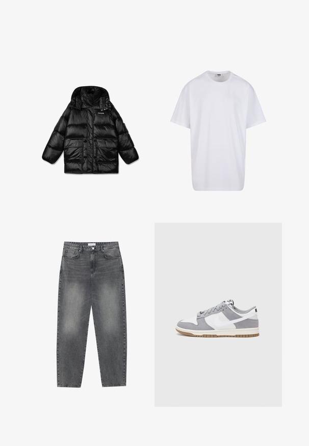 Črn puhasti jopič z visokim ovratnikom, zadrgo in dvema velikima sprednjima žepekoma. Sijajna, prešita tkanina z gladko teksturo.; Bela bombažna majica s kratkimi rokavi, okroglim izrezom, sproščenim krojem in brez vidnih logotipov ali vzorcev. Gladka tekstura in minimalen dizajn.; Visoko pasovi, široke kavbojke iz obledelog črnega denima. Imajo pet žepov, zanke za pas in čisto, ravno obliko nog. ; Nike superge imajo zgornji del iz sivega semiša in bele usnjene tkanine z luknjicami, okroglimi vezalkami in gumijastim podplatom za oprijem.