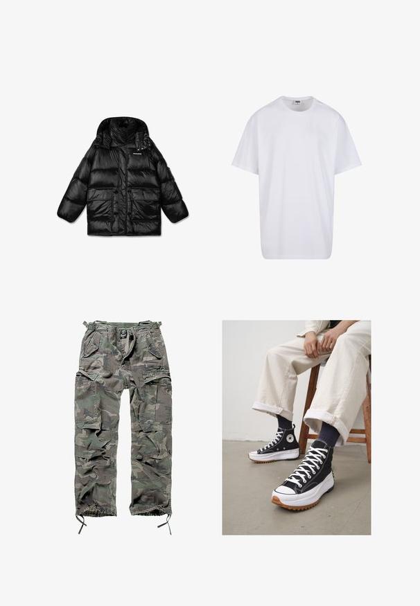 Svart pufferjakke med høy krage, glidelås og to store frontlommer. Skinnende, quiltet stoff med en glatt tekstur.; Hvit bomull t-skjorte med korte ermer, rund utringning, avslappet passform, og ingen synlige logoer eller mønstre. Glatt tekstur og minimalistisk design.; Kamuflasje cargo bukser i grønn og grå, med flere lommer, elastisk midjebånd, justerbare ankelmansjetter og en avslappet passform.; Høye svarte sneakers med hvite lisser og gummitåhette. Tykkt hvitt såle med en teksturert brun yttersåle, brukt med marineblå stripete sokker.