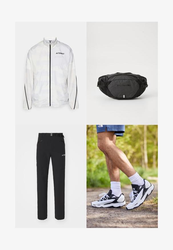 Hvid vindjakke med sorte detaljer og lynlås. Har en høj krave og et subtilt geometrisk mønster. Logo på brystet.; The North Face M GLACIER FLEECE 1/4 ZIP JACKET - Fleecetrøjer - grey heather; Sorte udendørsbukser med glat stof, sidelommer med lynlås, forstærkede knæsektioner og en justerbar talje med spænde.; Sorte og hvide sportsko med mesh-overdel, teksturerede accenter og hvide snørebånd. Båret med hvide ankelstrømper og marineblå shorts på en sti.; Sort og grå bæltetaske med mønster i ruder, justerbare stropper, to lynlåslommer og et brandlogo på fronten.
