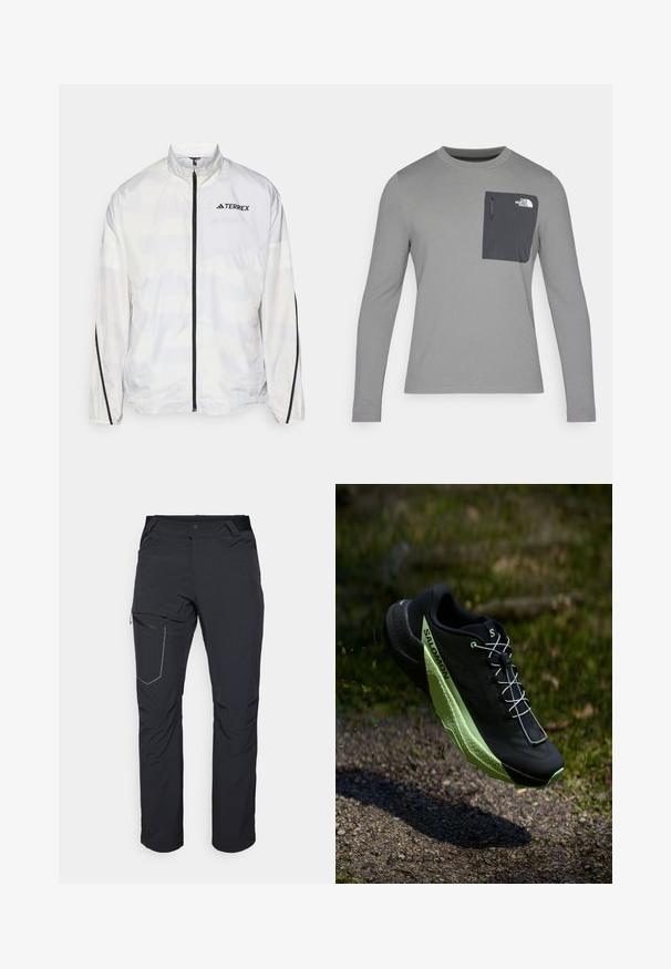 Weißer Windbreaker mit schwarzen Akzenten und einem Reißverschluss. Mit einem hohen Kragen und dezentem geometrischen Muster. Logo auf der Brust.; Langärmliges graues Shirt aus strukturiertem Stoff, mit einer dunkelgrauen Brusttasche und einem Reißverschluss. Logo in Weiß auf der Tasche.; Schwarze Outdoor-Hosen mit einem Reißverschlusstaschen an den Oberschenkeln, elastischem Bund und glattem, wasserabweisendem Stoff. Sauberes Design ohne sichtbare Logos.; Schwarzer Laufschuh mit strukturierten Oberflächen und grünen Akzenten. Verfügt über ein leichtes Design und eine einzigartige, gemusterte Sohle für Traktion.