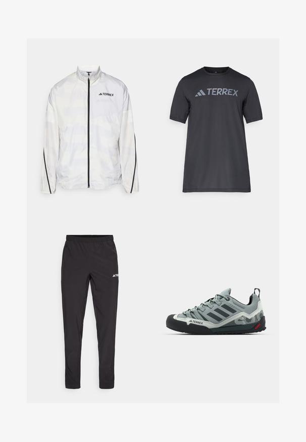 Bílá větruvzdorná bunda s černými akcenty a zipovým uzávěrem. Vyznačuje se vysokým límcem a jemným geometrickým vzorem. Logo na hrudi.; Černé tričko s krátkým rukávem vyrobené z lehkého materiálu, s světle šedým logem "TERREX" přes hruď a kulatým výstřihem.; Černé sportovní kalhoty s elastickým pasem, dvěma bočními zipovými kapsami a logem na horní pravé noze. Hladká, lehká tkanina.; Šedé lezecké boty s texturovaným svrškem, černým gumovým okrajem na špičce, třemi tmavými pruhy a malou červenou akcentací na podrážce.
