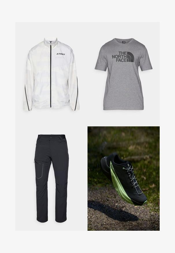 White windbreaker jacket with black accents and a zip closure. Features a high collar and subtle geometric pattern. Logo on the chest.; Gray short-sleeve t-shirt made of cotton blend, featuring a black graphic print of "THE NORTH FACE" and a curved logo detail on the front.; Black outdoor pants featuring a zippered thigh pocket, elastic waistband, and smooth, water-resistant fabric. Clean design with no visible logos.; Black running shoe with a textured surface and green accents. Features a lightweight design and a unique, patterned sole for traction.