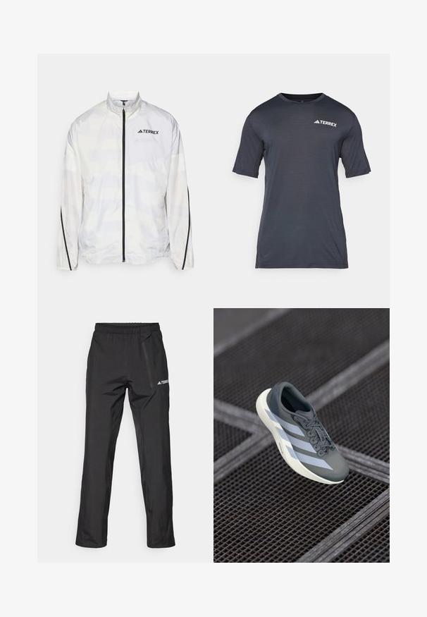 Valkoinen tuulenpitolo takki, jossa on mustia yksityiskohtia ja vetoketjusuljenta. Ominaisuuksiin kuuluu korkea kaulus ja hienovarainen geometrinen kuvio. Logo rinnassa.; T-paita tummanharmaana lyhyillä hihoilla, valmistettu kevyestä ja hengittävästä materiaalista. Ominaisuuksiin kuuluu pyöreä kaula-aukko ja valkoinen "TERREX"-logo edessä.; Mustat kevyet ulkohousut, joissa on joustava vyötärönauha, vetoketjutaskut ja painettu logo. Sileä pinta ja suora lahkeen leikkaus.; Urheilukengät harmaana ja valkoisena, valmistettu synteettisestä materiaalista, virtaviivaisella muotoilulla, tekstuurilla ja näyttävällä nauhoitusjärjestelmällä.