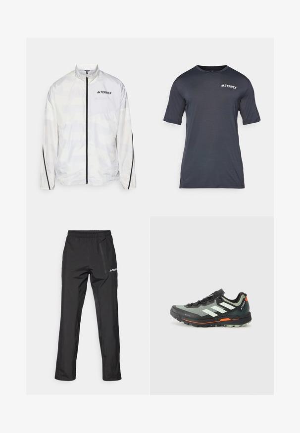Jachetă albă de vânt cu accente negre și închidere cu fermoar. Are un guler înalt și un model geometric subtil. Logo pe piept.; Tricou scurt, de culoare gri închis, fabricat dintr-un material ușor și respirabil. Dispune de un guler rotund și un logo alb "TERREX" pe față.; Pantaloni negri impermeabili dintr-un material ușor, cu talie elastică și buzunar cu fermoar pe lateral. Design simplu, ajustat.; Pantofii ușori de alergare pe trasee sunt confecționați dintr-o plasă gri și neagră, cu accente portocalii și o talpă robustă pentru aderență. Captuseală impermeabilă Gore-Tex.