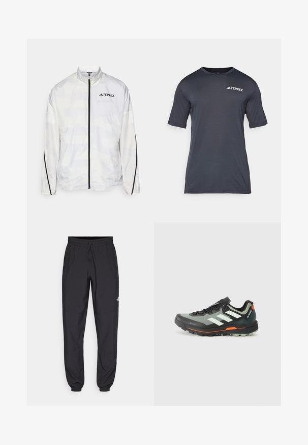 Λευκή ζακέτα windbreaker με μαύρες λεπτομέρειες και φερμουάρ. Διαθέτει ψηλό γιακά και διακριτό γεωμετρικό μοτίβο. Λογότυπο στο στήθος.; Σκούρο γκρι κοντομάνικο μπλουζάκι φτιαγμένο από ελαφρύ, αναπνεύσιμο υλικό. Διαθέτει στρογγυλή λαιμόκοψη και άσπρο λογότυπο "TERREX" στο μπροστινό μέρος.; Μαύρη αθλητική παντελόνι κατασκευασμένο από ελαφρύ ύφασμα, με ζώνη που ρυθμίζεται με κορδόνι, πλευρικές τσέπες και στενές μανσέτες στους αστραγάλους.; Ελαφρύ παπούτσι τρεξίματος σε μονοπάτια με γκρι και μαύρο πλέγμα επάνω, πορτοκαλί λεπτομέρειες και ανθεκτική σόλα για πρόσφυση. Αδιάβροχη επένδυση Gore-Tex.