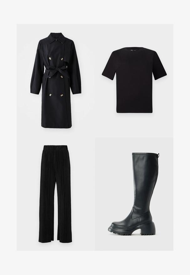 Dvoredni črni plašč s ovratnikom, dolgimi rokavi, pasom, dvema sprednjima žepoma in zlatimi gumbi. Gladka tekstura tkanine.; Črna majica s kratkimi rokavi in okroglim izrezom, izdelana iz mehkega bombažnega materiala. Preprost dizajn, brez vidnih logotipov ali vzorcev.; Črne plisirane hlače z elastičnim pasom. Imajo široke noge in gladko, teksturirano tkanino z navpičnimi črtami.; Visoka črna usnjena škornja s debelim podplatnim solejem in blok peto, opremljena s potegom in strukturiranim profilom na podplatu.