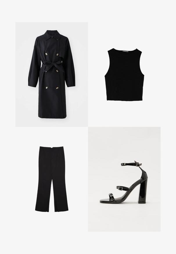 Čierny dvojradový trenčkot s golierom, dlhými rukávmi, pásom, dvomi prednými vreckami a zlatými gombíkmi. Hladká textúra tkaniny.; Čierny bezrukávový crop top vyrobený z hladkej tkaniny, so zaobleným výstrihom a čistým, jednoduchým dizajnom bez vzorov alebo kovania.; Čierne nohavice so strihom rovného strihu, s prednými vreckami a bočnými rozparkami na leme. Vyrobené z mäkkej, hladkej tkaniny. Vhodné na rôzne príležitosti.; Čierne lakované sandále na podpätku so štvorcovou špičkou, navlečenými remienkami okolo členku a striebornými prackami. Disponujú masívnym blokovým podpätkom pre stabilitu.