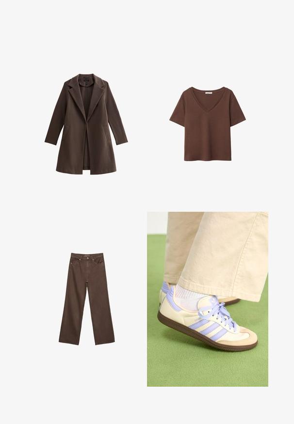 Manteau en mélange de laine marron avec un col cranté, une fermeture à l'avant, des manches longues et des poches latérales. Texture lisse et design longueur genoux.; T-shirt en coton brun avec des manches courtes et un décolleté en V profond. Design simple, texture douce et ourlet droit. Pas de motifs ni d'accents.; Jean brown à jambes larges en denim, doté d'une taille haute, de poches avant et d'une fermeture à bouton classique. Texture lisse avec des coutures subtiles.; Baskets crème et lavande avec trois bandes et une semelle marron texturée, dotées de lacets et d'un talon rembourré. Tige en tissu doux.