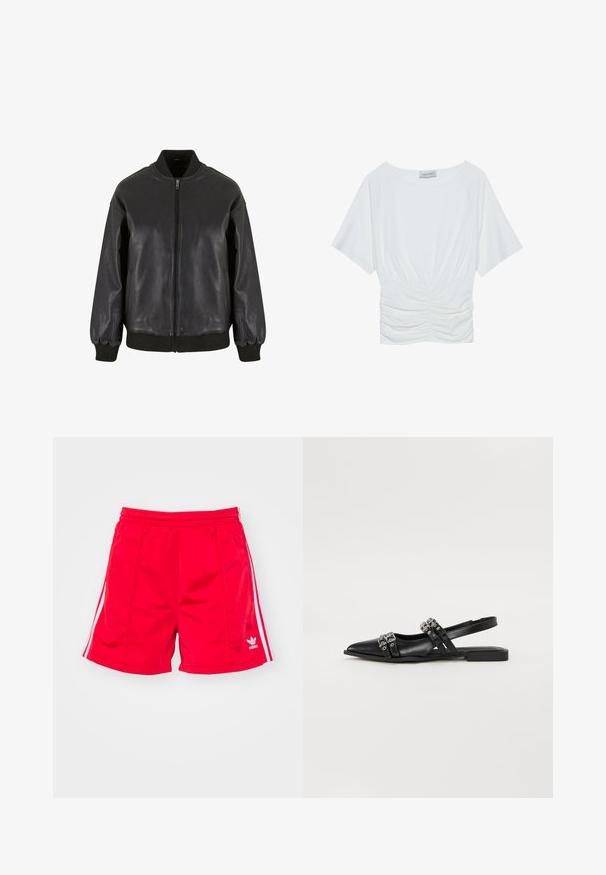 Black leather bomber jacket features a front zipper, ribbed cuffs, and collar, with a smooth texture and a relaxed fit design.; White short-sleeve top with a relaxed fit, featuring a gathered ruched design at the waist and smooth fabric texture. Label: Anna Field.; Red athletic shorts with an elastic waistband, featuring white side stripes and an embroidered logo on the lower left. Smooth texture.; Even&Odd Slingback ballet pumps - black