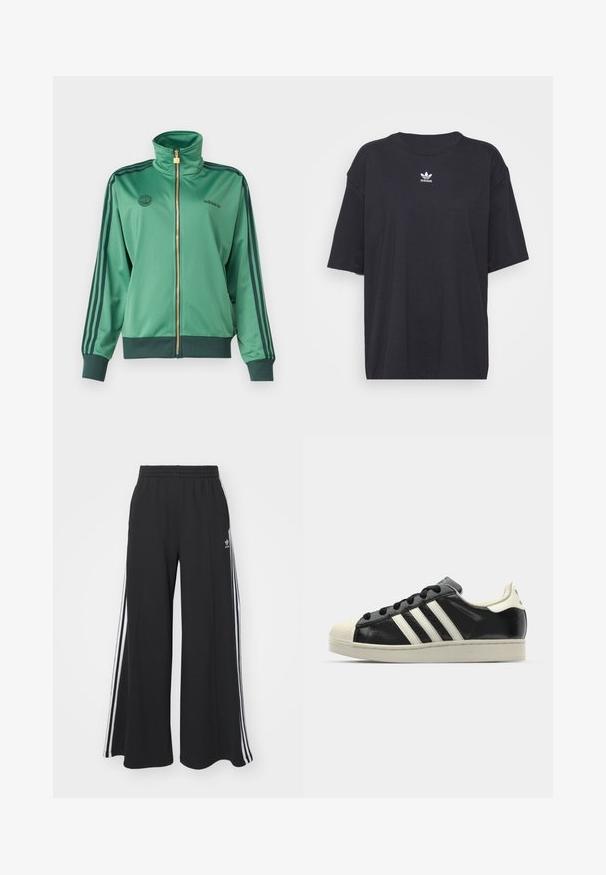 adidas Originals FIREBIRD - Training jacket - preloved green; Black cotton t-shirt with short sleeves, round neckline, features a white Adidas logo on the chest. Simple design, relaxed fit.; Black wide-leg sweatpants with an elastic waistband, featuring white side stripes and an embroidered logo on the left thigh.; Black leather sneaker with white stripes, rubber toe cap, black laces, and a cream-colored outsole. Smooth texture with shiny finish.