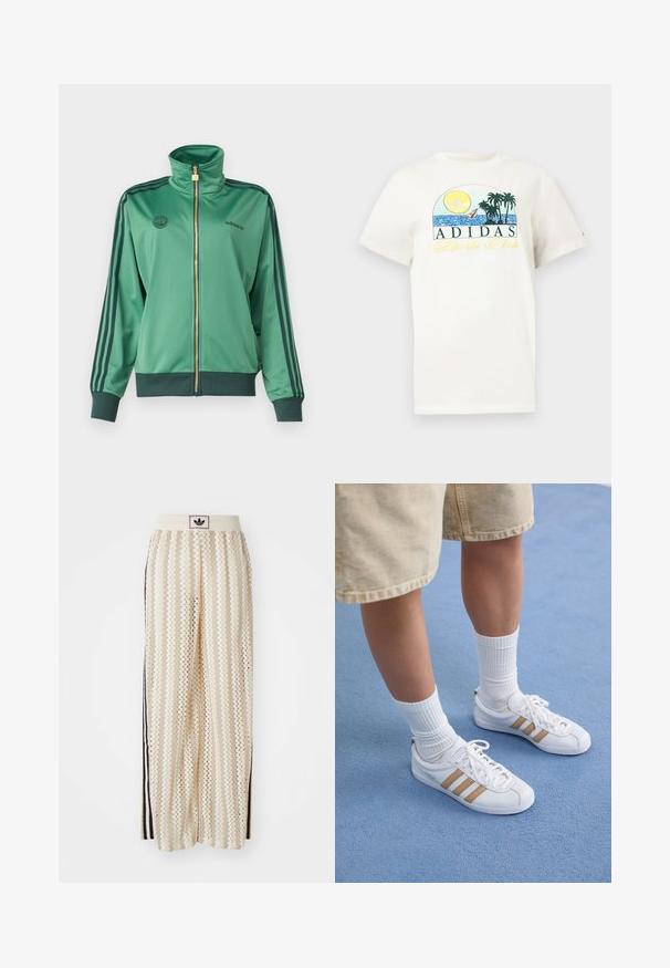 adidas Originals FIREBIRD - Training jacket - preloved green; White cotton t-shirt featuring a graphic design with a sun, palm trees, and water. "ADIDAS Sports Club" printed in green and yellow.; Cream-colored wide-leg pants with a zigzag pattern, featuring a black logo waistband and side black stripes. Lightweight, textured fabric.; White sneakers with three gold stripes, lace-up design, rubber sole, worn with ribbed white socks and beige shorts on a blue surface.