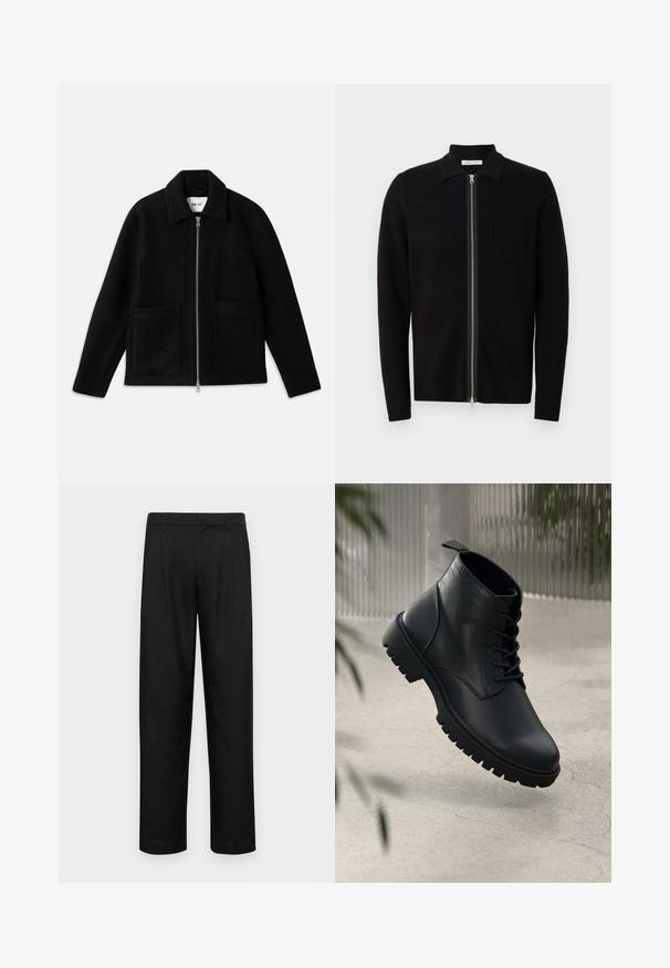 Čierna vlnená bunda s predným zipsom, rozšíreným golierom a dvoma veľkými vreckami. Hladká textura so štruktúrovaným dizajnom.; Čierny sveter na zips s golierom a vreckom na hrudi. Vyrobený z mäkkej, textúrovanej tkaniny. Obsahuje zips po celej dĺžke a dlhé rukávy.; Biela kratkosrstá bavlnená tričko s okrúhlym výstrihom. Jednoduchý dizajn bez vzorov alebo akcentov. Hladká textúra.; Čierne nohavice vyrobené z hladkej tkaniny, s rovnými nohavicami, dvoma prednými skladmi a štandardným pásom s pútkami na opasok.; Čierne kožené členkové topánky s okrúhlou špicou, šnurovací dizajn a robustná gumová podrážka. Hladký povrch s pútkom na zadnej strane.
