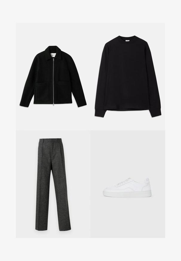 Μαύρο μαλλί μπουφάν με φερμουάρ μπροστά, ανοιχτό γιακά και δύο μεγάλες μπατζάκλιες τσέπες. Λείος υφασμάτινος σχεδιασμός με σταθερή κατασκευή.; Μαύρο μακρυμάνικο μπλουζάκι κατασκευασμένο από απαλό βαμβάκι. Διαθέτει στρογγυλή λαιμόκοψη, χαλαρή εφαρμογή και ραμμένο μανίκι. Χωρίς ορατά σχέδια ή λογότυπα.; Γκρι tailored παντελόνι από υφασμάτινη υφή, με δύο καμπυλωτές πτυχές μπροστά και ίσια γραμμή. Χωρίς ορατές τσέπες ή διακοσμητικά στοιχεία.; Λευκό χαμηλό sneaker με κορδόνια μπροστά, λείο ύφασμα και καουτσούκ σόλα σε απλό ανοιχτό φόντο.