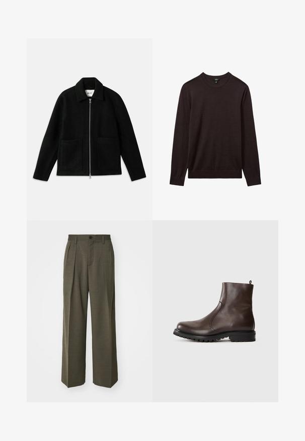 Fekete gyapjú dzseki, cipzáros elülső résszel, széles gallérral és két nagyapró zsebbel. Simább textúra, struktúrált dizájnnal.; Reiss Pulóver - dark bordeaux; Filippa K WIDE TROUSERS - Nadrágok - driftwood; Barna bőr bokacsizma sima textúrával, elasztikus oldalsó panelek, hátul húzófül és strapabíró gumitalp.