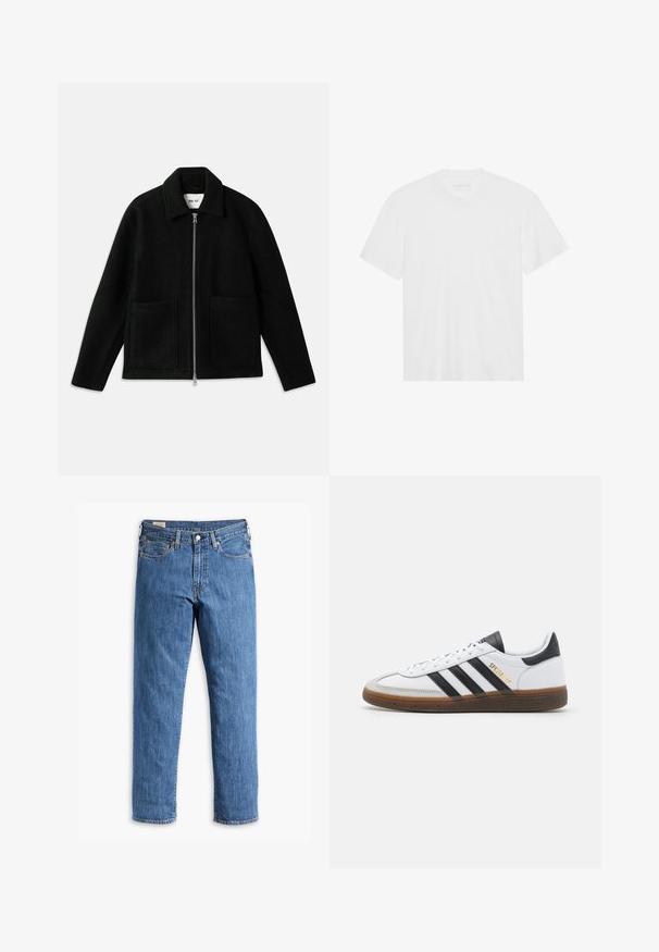 Černá vlněná bunda s předním zipem, rozloženým límcem a dvěma velkými náprsními kapsami. Hladká textura s strukturovaným designem.; Bílý bavlněný tričko s krátkým rukávem, kulatým výstřihem a rovním spodním lemem. Hladká textura, minimalistický design bez vzorů nebo akcentů.; Modré džínové kalhoty s rovně střiženými nohavicemi, měděnými nýty a designem s pěti kapsami. Funkce zahrnují šitý lem a klasický pas s poutky na opasek.; Bílé kožené tenisky s černými semišovými akcenty, třemi černými pruhy, béžovou gumovou podrážkou a zlatým označením "SPEZIAL" na boku.