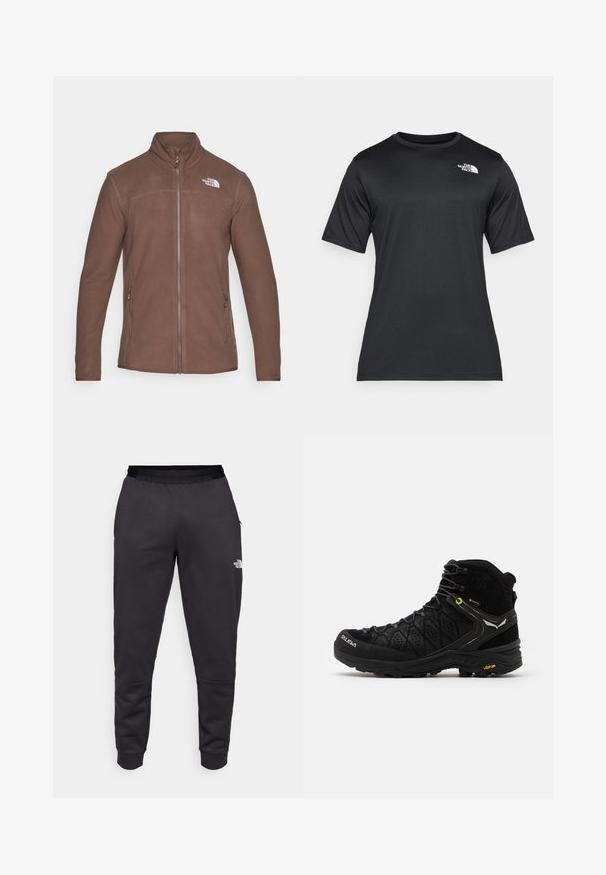 The North Face GLACIER FULL ZIP - Fliisjakk - smokey brown; Must räpaseda must t-särk, mis on valmistatud kerge, niiskust eemal hoidvast kangast. Vasakul rinnal on valge logo ja ümar kaelus.; Mustad mustad, mis on valmistatud siledast kangast, tapered disainiga, elastse vöökohaga ja logo detailiga paremal jalal.; Mustad matkajalanõud musta värvi, millel on tekstuuriga ülemine osa, tugevdatud varvas ja Vibram tald. Kinnitamissüsteem sisaldab konksusid kindla istuvuse tagamiseks.