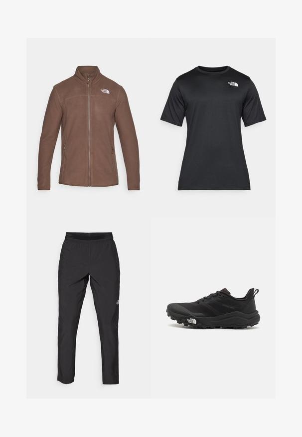 The North Face GLACIER FULL ZIP - Fleecejakke - smokey brown; Svart t-skjorte med korte ermer laget av lett, fukttransporterende stoff. Har en hvit logo på venstre bryst og rund hals.; Sorte idrettsbukser med elastisk midje, laget av lett stoff, med en liten logo på underbenet og rett ben-design.; Svart terrengløpesko med teksturert overdel, gummisåle og forsterket tåhette. Har polstret krage og løftestropp for enkel påkledning.