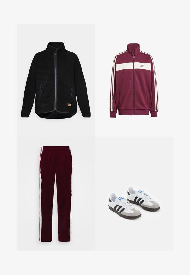 Svart fleecejacka med full dragkedja, två sidofickor, hög krage och en liten logotyp på nedre vänstra sidan. Mjuk textur, normal passform.; Körsbärsröd zip-jacka med vit horisontell rand och tre vita sidostripes. Har en hög krage och två fickor med dragkedja på sidorna.; Vit figursydd T-shirt i bomull med rund halsringning och korta ärmar, prydd med en ljusblå broderad logotyp på framsidan.; Bordeaux atletiska byxor med dragsko i midjan, vita sidostrecker och en slim fit. Tillverkade av ett mjukt, lätt tyg.; Sportskor med överdel i vit läder, grå mocka på tårna och tre svarta ränder. Har en blå logotyp på tungan och en texturerad gummisula.