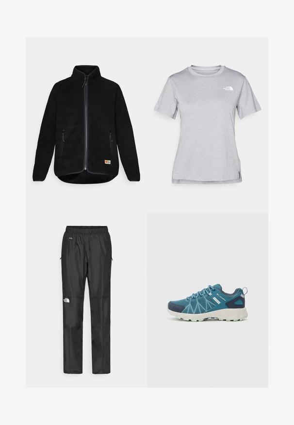 Musta fleece-takki, jossa on täysivartinen vetoketju, kaksi sivutaskua, korkea kaulus ja pieni logo vasemmalla alhaalla. Pehmeä pinta, normaali istuvuus.; Harmaa lyhythihainen t-paita, joka on valmistettu pehmeästä, kosteutta siirtävästä kankaasta. Siinä on pyöreä kaula-aukko ja pieni valkoinen logo vasemmassa yläkulmassa.; Mustat vettä hylkivät housut kevyestä kankaasta, joissa on joustava vyötärö, sivutaskut ja logo vasemmassa lahkeessa.; Columbia PEAKFREAK™ II OUTDRY™ - Vaelluskengät - blue heron/skylight