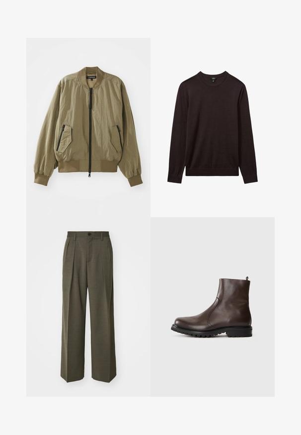 Olive rohelise värvi bomber-jakk, mis on valmistatud kergest kangast, millel on lukuga esiosa, ribatud mansetid ja kaks nurga all lukuga taskut ees.; Reiss Džemper - dark bordeaux; Filippa K WIDE TROUSERS - Püksid - driftwood; Pruun nahkane sääreking, millel on sile tekstuur, elastsed külgpaneelid, tõmbetabin taga ja robustne kummitald.