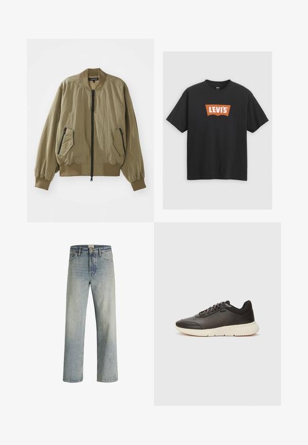 Giacca bomber verde oliva realizzata in tessuto leggero con zip frontale, polsini a costine e due tasche con zip angolate nella parte anteriore.; T-shirt in cotone nero con un grande logo arancione di Levi's sulla parte anteriore, maniche corte e design a girocollo.; Jeans in denim azzurro chiaro con un design a gamba dritta, vita alta e una leggera scoloritura. Presentano cinque tasche e un tradizionale bottone a pressione.; Sneaker marrone scuro con tomaia in pelle texturizzata, dettagli perforati e suola leggera color crema. Presenta lacci e un branding discreto.