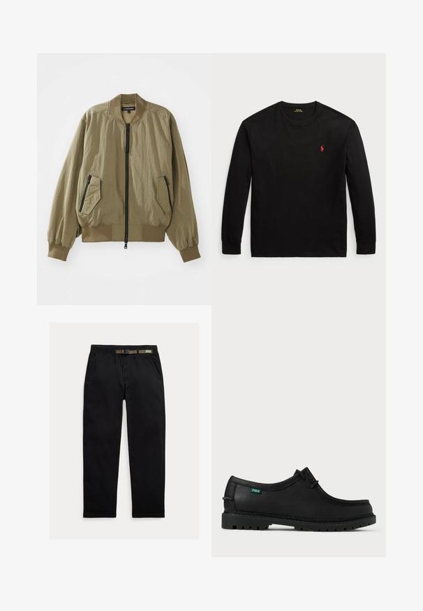 Olive zelená bomber bunda vyrobená z ľahkej tkaniny so zipsom vpredu, rebrovanými manžetami a dvoma šikmými zipsovými vreckami na prednej strane.; Čierne tričko s dlhými rukávmi z bavlny. Obsahuje okrúhly výstrih, rebrované manžety a malé červené vyšívané logo na hrudi. Hladký povrch.; Čierne nohavice vyrobené z ľahkej tkaniny, s elastickým pásom integrovaným so zeleným opaskom, rovným strihom nohavíc a bočnými vreckami.; Čierna kožená topánka s nízkym profilom, okrúhlou špičkou a textúrovanou podrážkou. Obsahuje zelený štítok "POLO" a kontrastné prešívanie pozdĺž okraja.