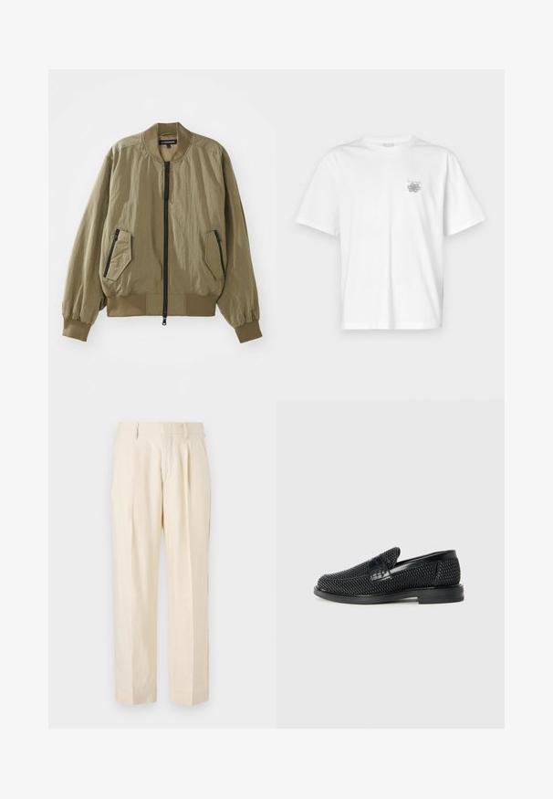 Olive zelená bomber bunda vyrobená z ľahkej tkaniny so zipsom vpredu, rebrovanými manžetami a dvoma šikmými zipsovými vreckami na prednej strane.; Biela tričko vyrobené z bavlny, s krátkymi rukávmi, okrúhlym výstrihom a malým šedým logom na oblasti ľavej hrude. Hladká textúra.; NN.07 KAY - Nohavice - off white; Čierne tkané slip-on topánky s hladkým koženým akcentom na vrchnej časti, s okrúlym dizajnom špičky a nízkoprofilovou gumovou podrážkou.